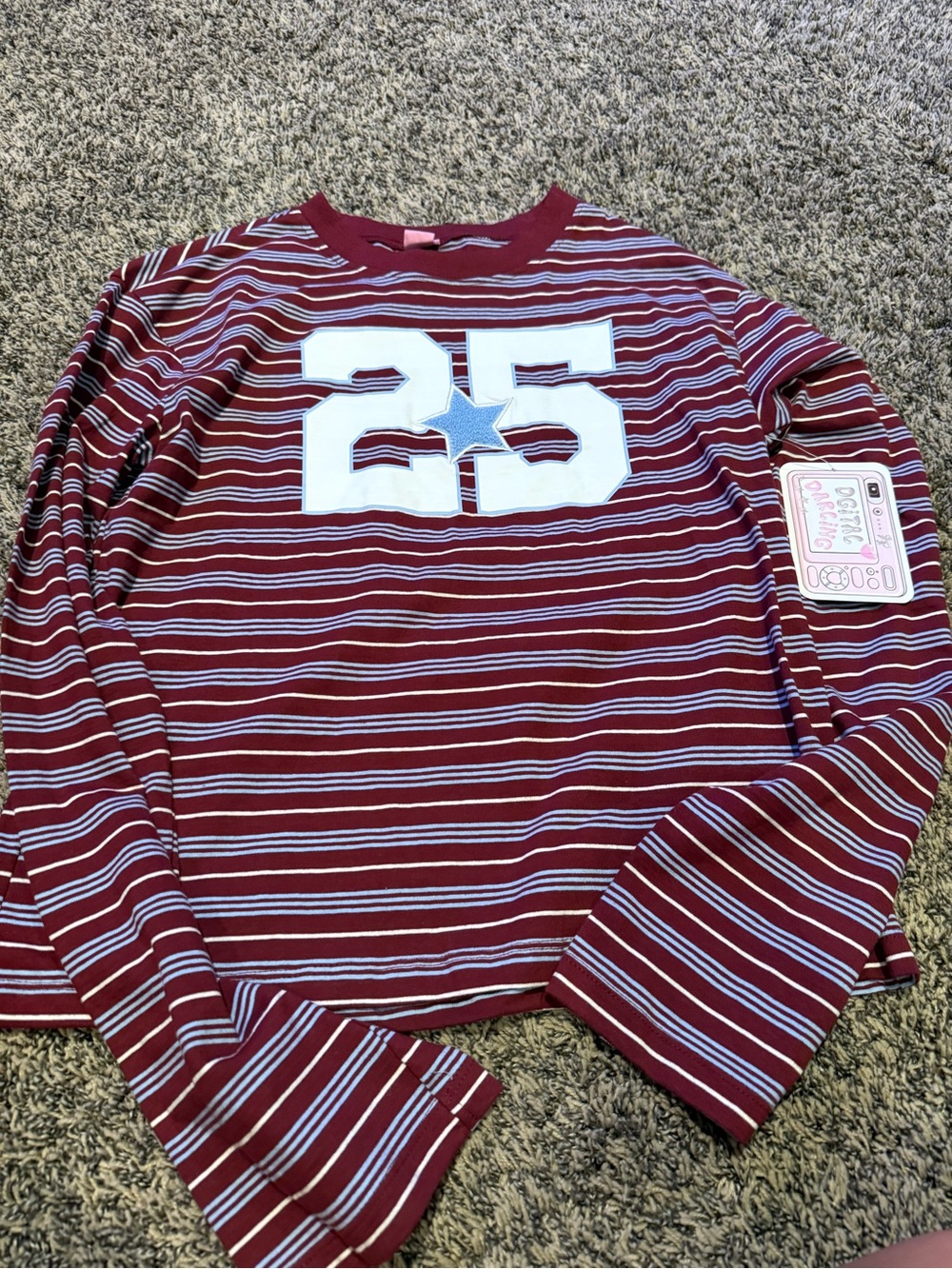 Striped Maroon Long-Sleeve Tee with White '25' and Blue Star